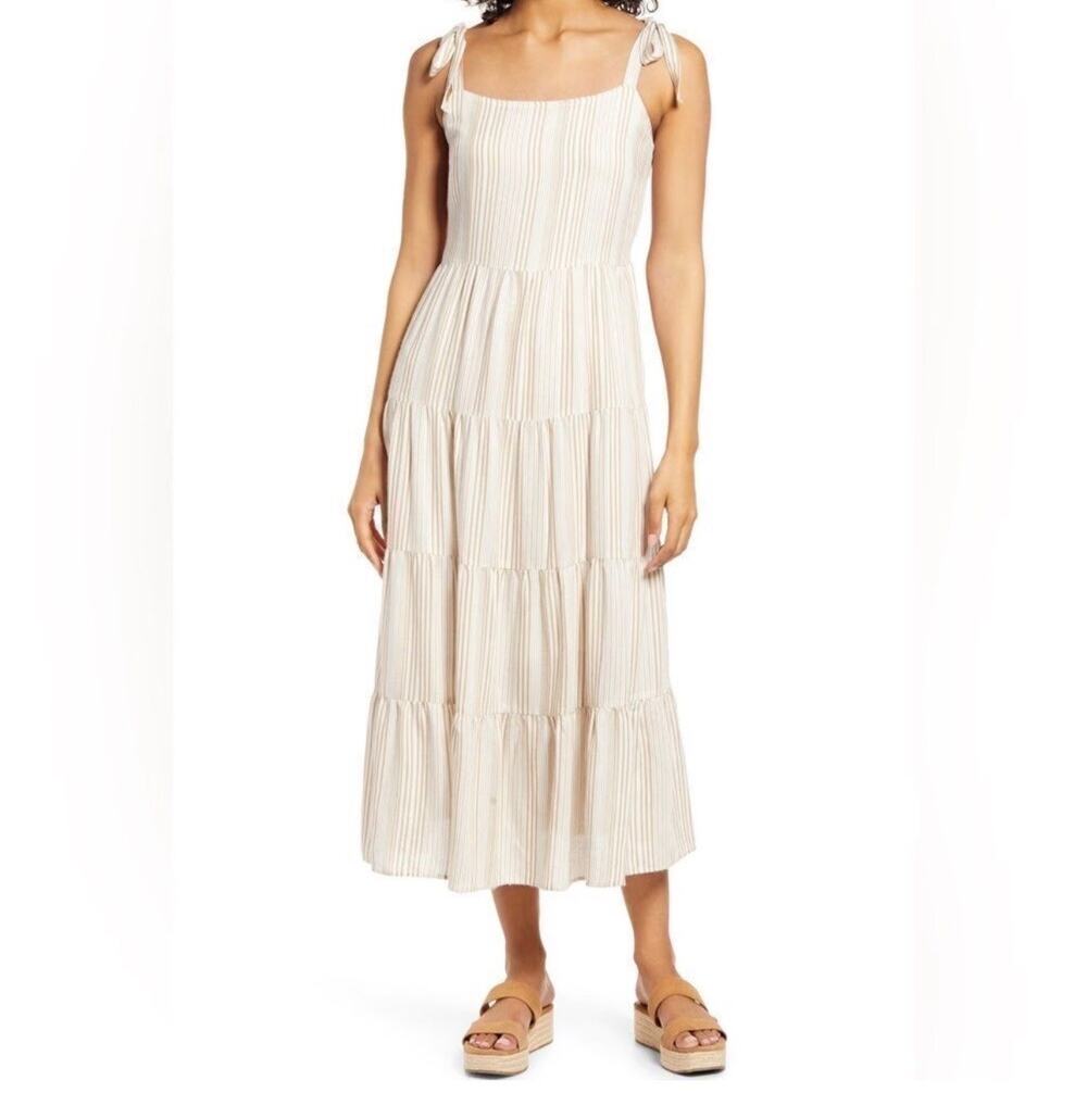 Caslon Smocked Tie-Strap Tiered Midi Dress Women's Small Cream Stripe NWT